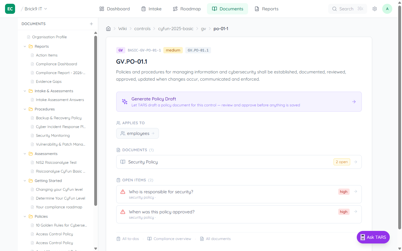 Control page showing the 'Generate Policy Draft' button as a teal card with sparkle icon below the control description