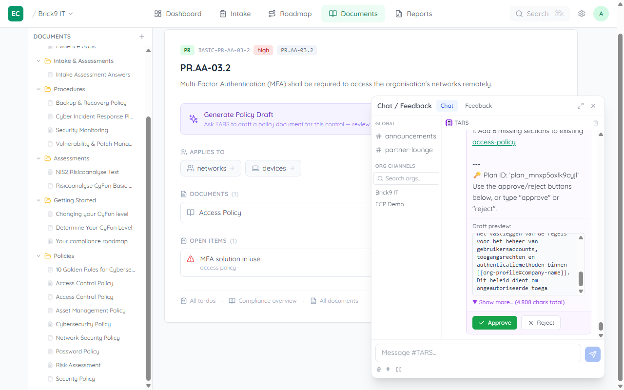 TARS side panel open with a plan card showing 'Generate Policy Draft' intent, the target document slug, and the controls it will cover
