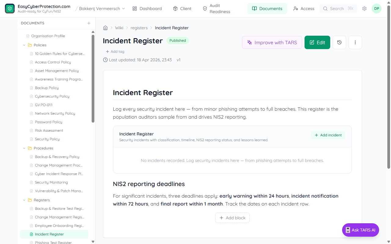 Incident Register page with the Add incident button, an empty-state message, and a reminder banner for the NIS2 24-hour, 72-hour, and one-month reporting deadlines