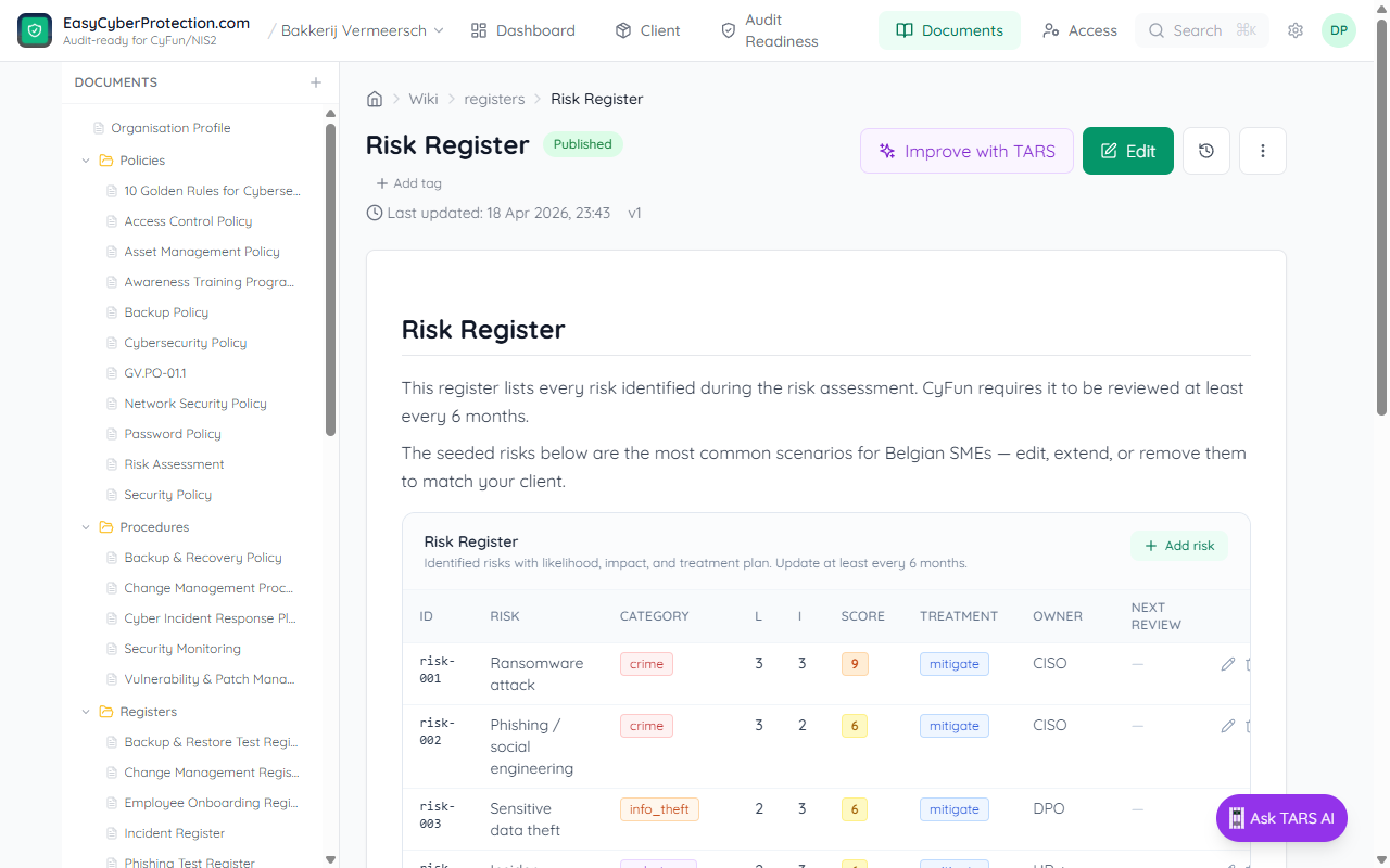 Risk Register page showing the Registers folder expanded in the sidebar with all eleven registers listed, and the Risk Register table with seeded rows for ransomware, phishing, data theft, insider misuse, DDoS and supply-chain compromise