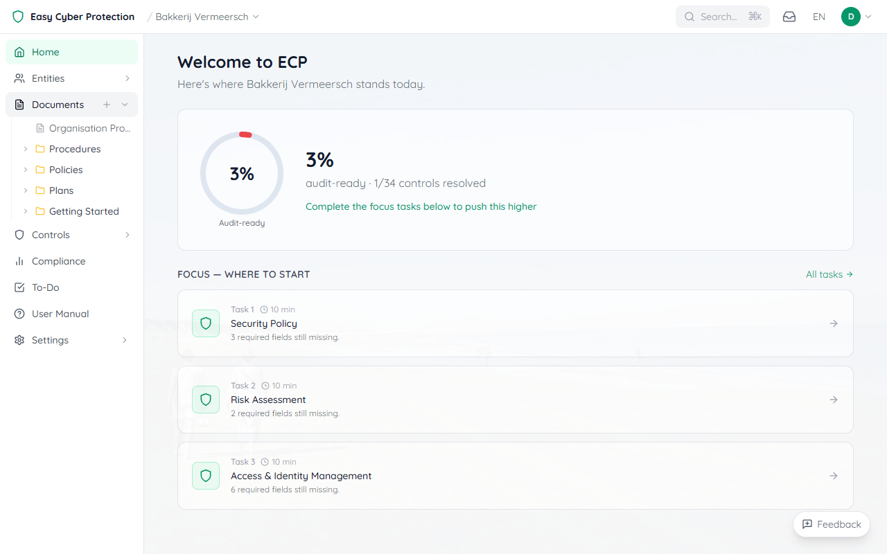 Client workspace home page showing Welcome to ECP heading, 3% audit-ready compliance score, and focus tasks including Security Policy and Risk Assessment