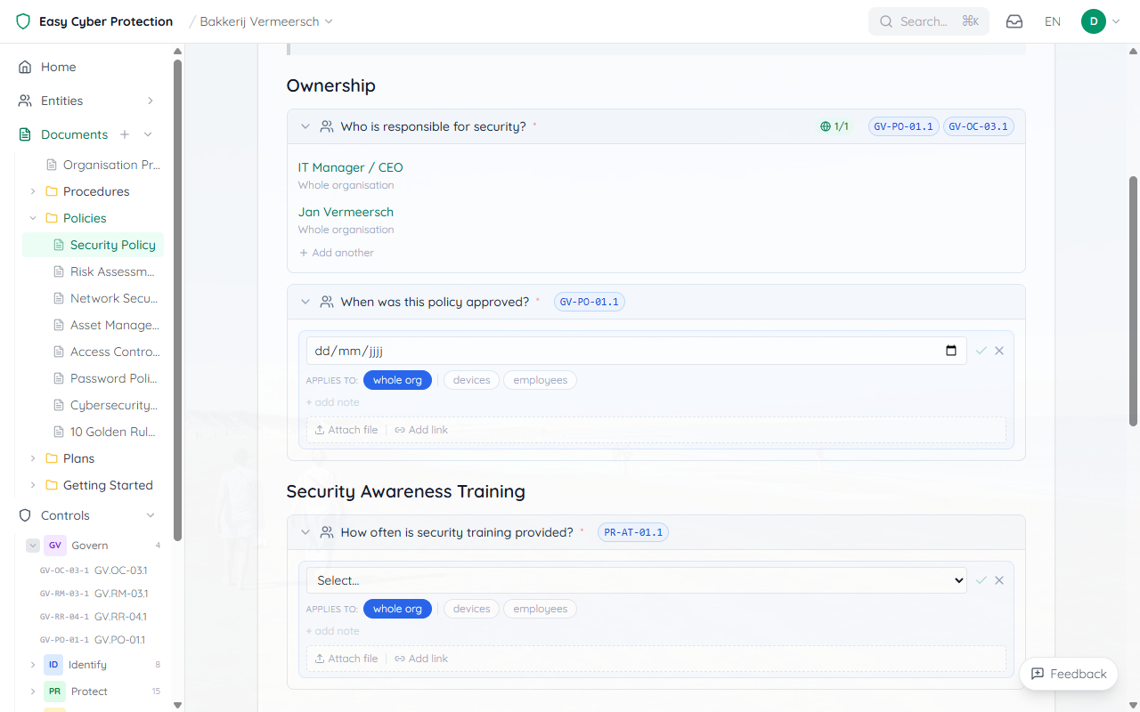 Document field showing Attach file and Add link buttons at the bottom of a placeholder block