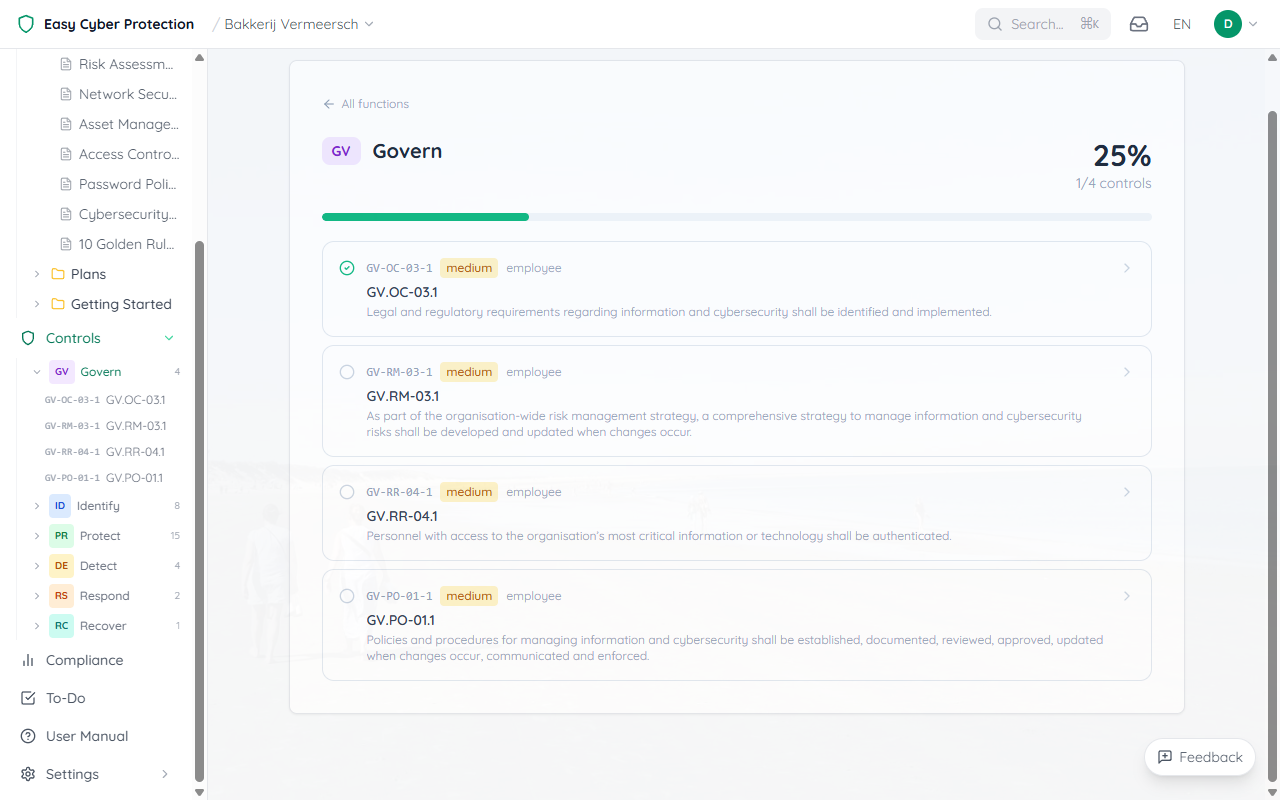 GV Govern controls group showing GV.OC-03.1 with a resolved status and the group at 25% completion