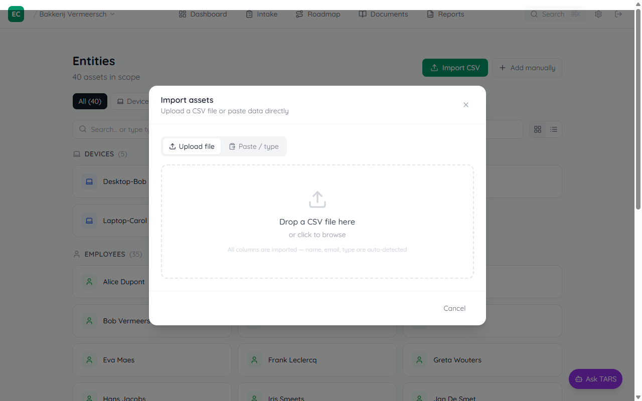 CSV import modal showing dashed drop zone with upload icon, and two tabs: Upload file and Paste