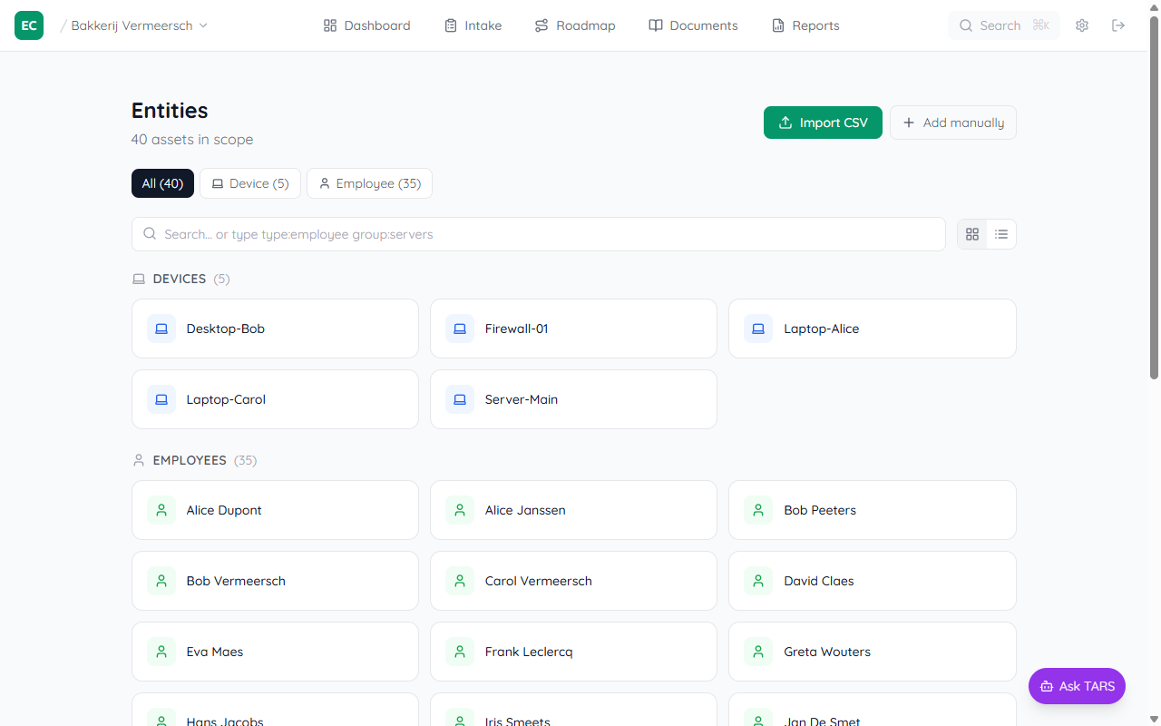 Entity Register page with Import CSV button visible in the top-right corner and entity list below