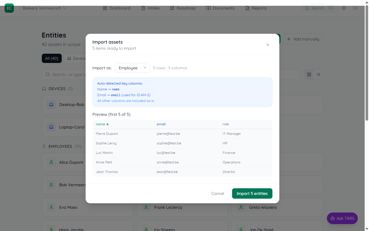 Column mapping preview showing the first 5 rows with green star on the name column and blue highlight on email column