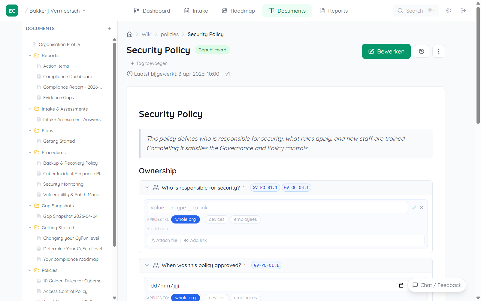 Documents tab with split-pane layout: left panel shows folder tree with Controls and Policies expanded and Security Policy highlighted, right pane shows the Security Policy document with editable sections