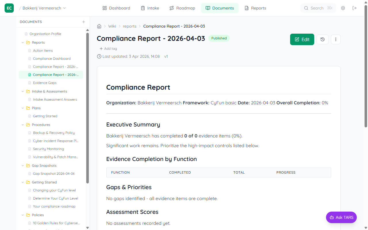 Generated compliance report wiki page titled Compliance Report 2026-04-03 showing organisation Bakkerij Vermeersch, CyFun basic framework, Executive Summary, Evidence Completion by Function table, and Gaps and Priorities sections