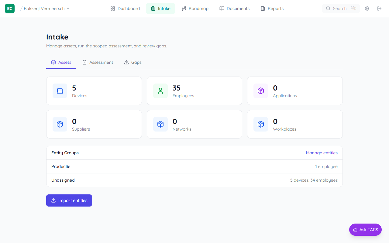 Intake page Assets tab showing entity count cards for Devices, Employees, Applications, Suppliers, Networks, and Workplaces with Import entities and Manage entities buttons