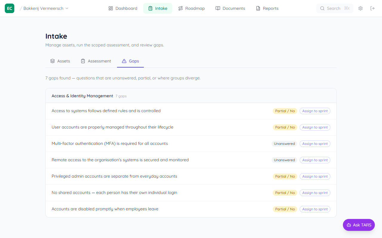 Gaps tab showing 7 gaps in Access and Identity Management, each with a readable question text and a badge showing Group mismatch, Partial / No, or Unanswered