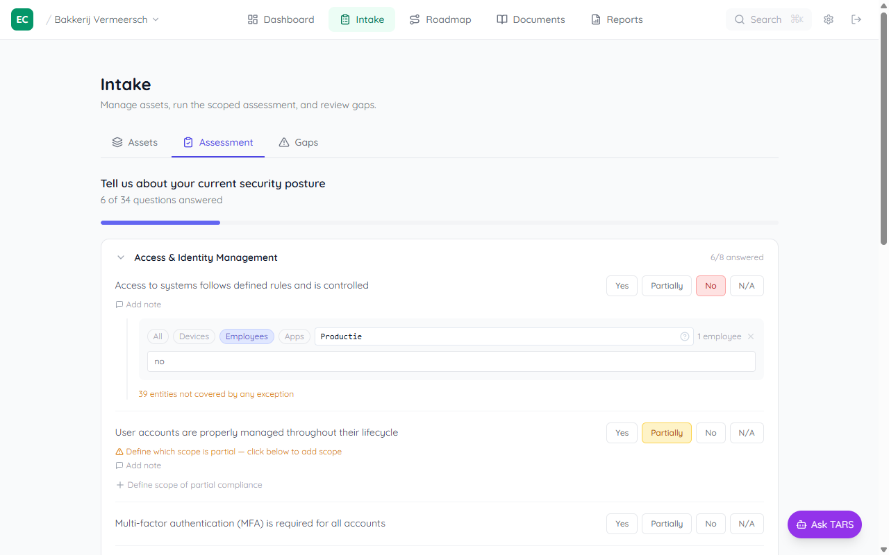Assessment question with scope panel open showing All, Devices, Employees, and Apps filter chips to restrict which entity groups the answer applies to