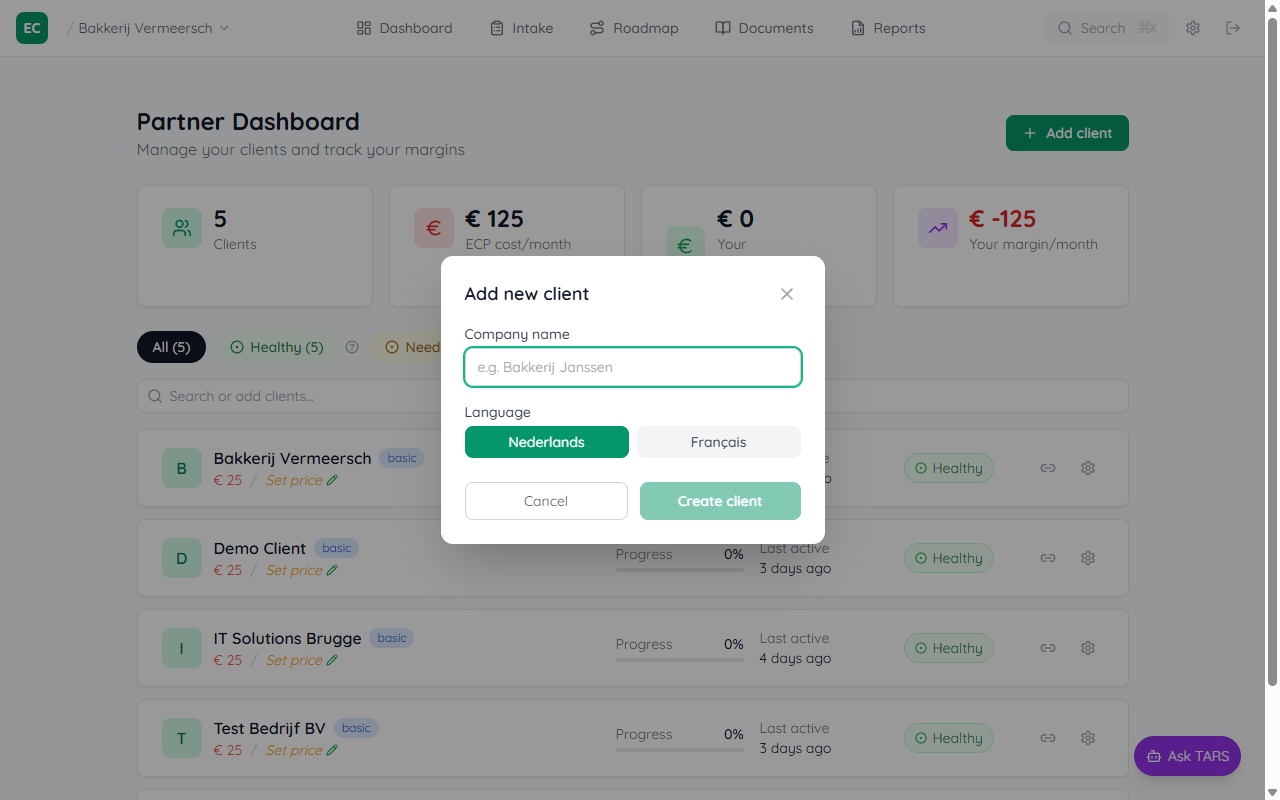 Add client modal with company name field and language selector showing NL, FR, EN options