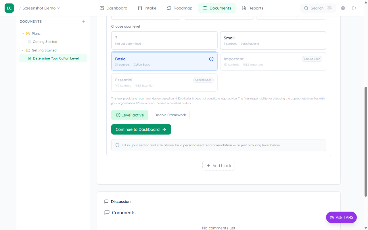 CyFun Level Assessment document showing sector dropdown, supply chain question, and tier selection buttons (Small, Basic, Important, Essential)