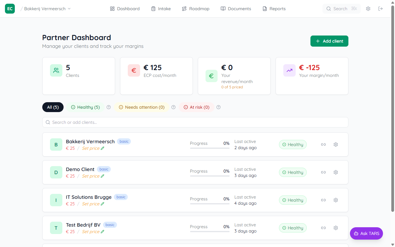 Partner dashboard showing the client portfolio list with an Add client button in the top-right