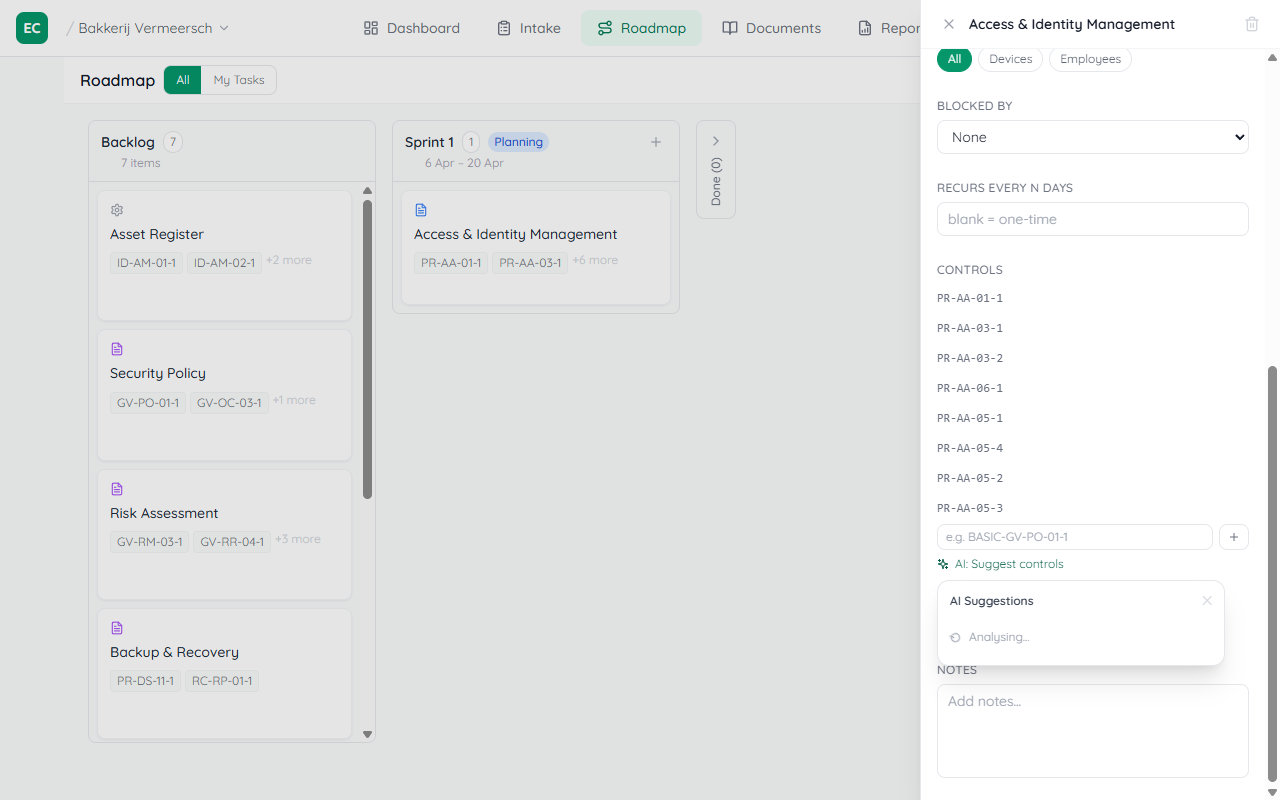 AI Suggestions popover open below the AI Suggest controls button, showing a loading state for control recommendations