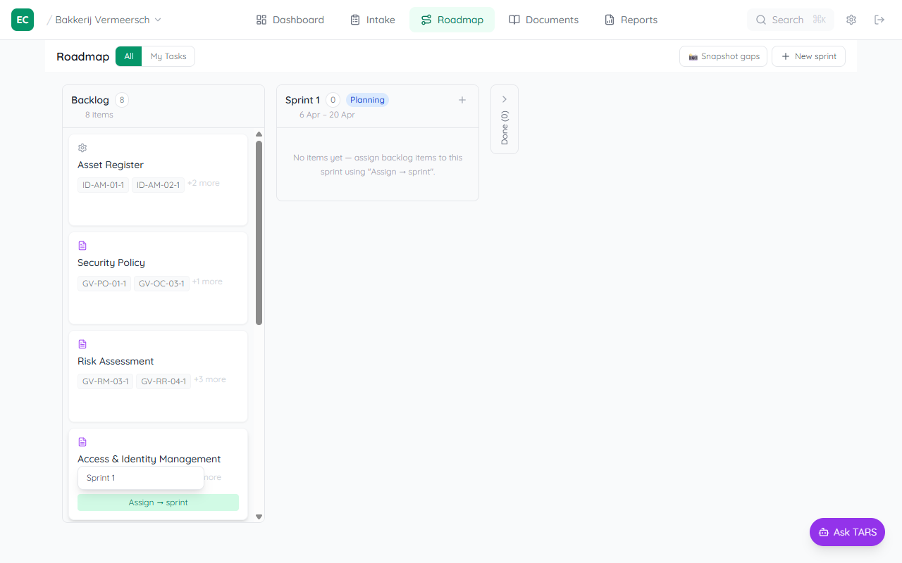 Backlog card for Asset Register showing the Assign to sprint dropdown expanded with Sprint 1 as the available option