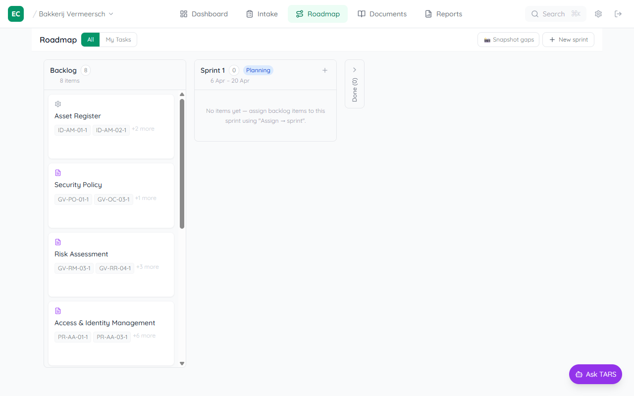 Roadmap Kanban board showing Backlog column with framework items, Sprint 1 Active column with cards in different sub-statuses, and a collapsed Done column
