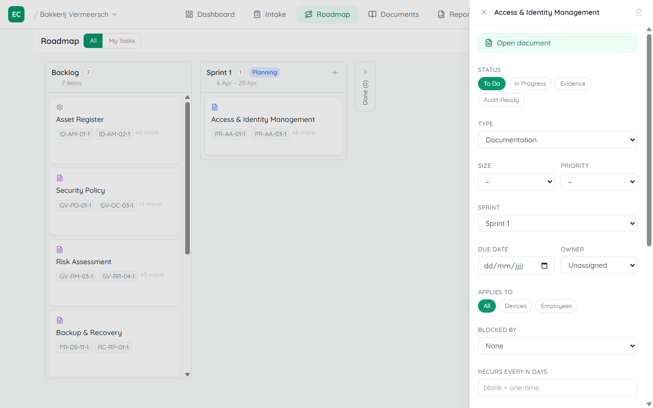 Roadmap item detail panel for Security Policy showing a blue Open document button at the top, then Status buttons, Controls list, evidence section, and Notes field