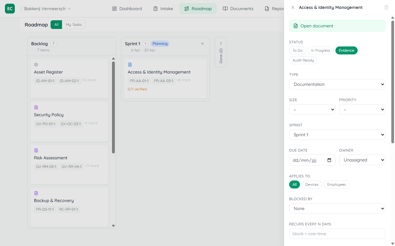 Sprint card for Security Policy in Evidence status showing the evidence summary badge reading 0 of 2 verified below the control ID list