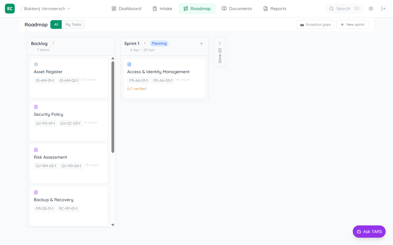 Roadmap board with My Tasks filter active, showing the Backlog with 5 items still visible and Sprint 1 showing No items because no tasks are assigned to the current user