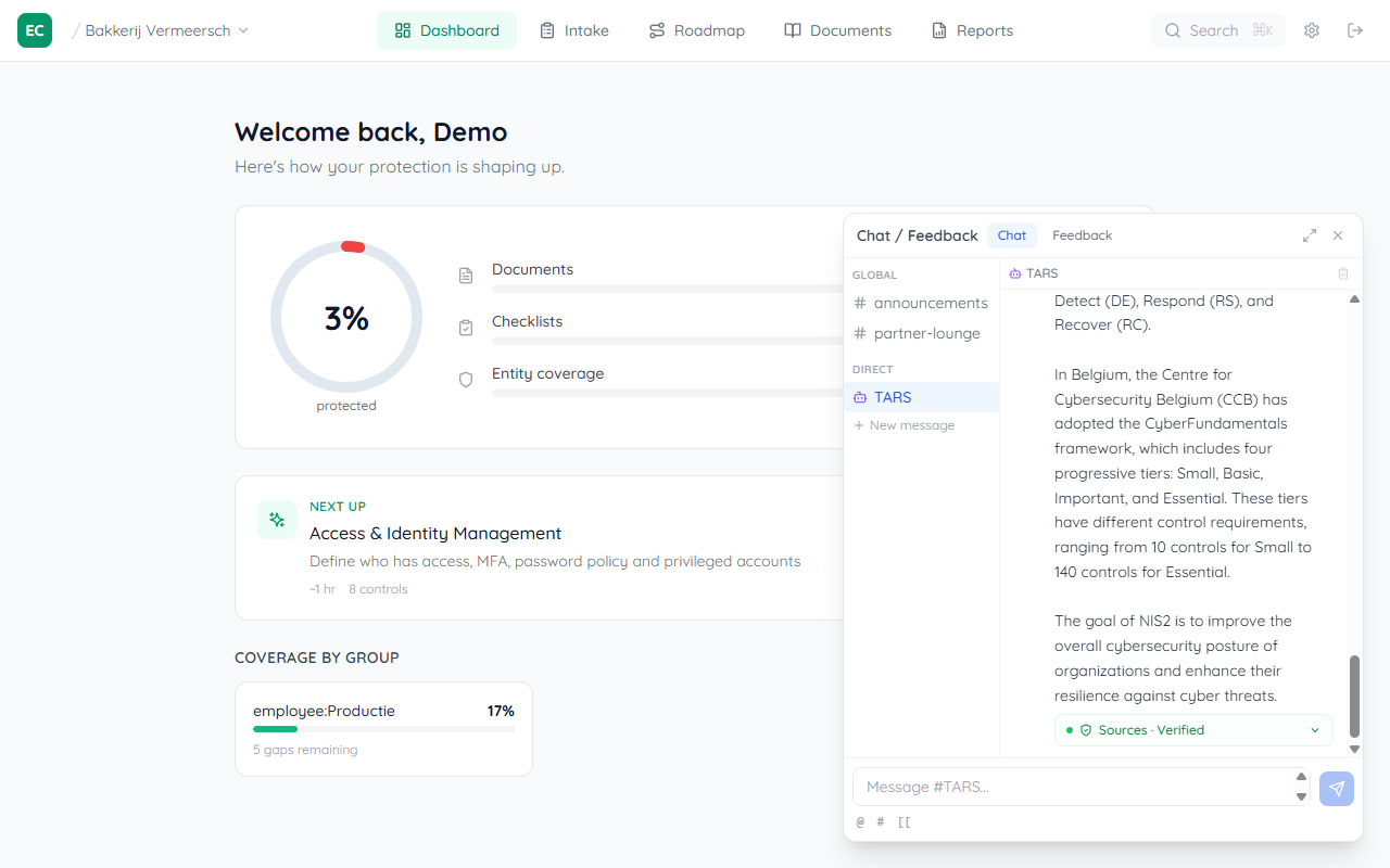 TARS chat interface showing the welcome message from TARS and the message input field at the bottom