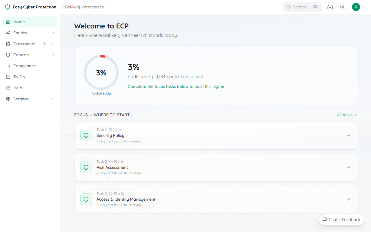 Client workspace home page for Bakkerij Vermeersch showing audit-ready score and focus tasks