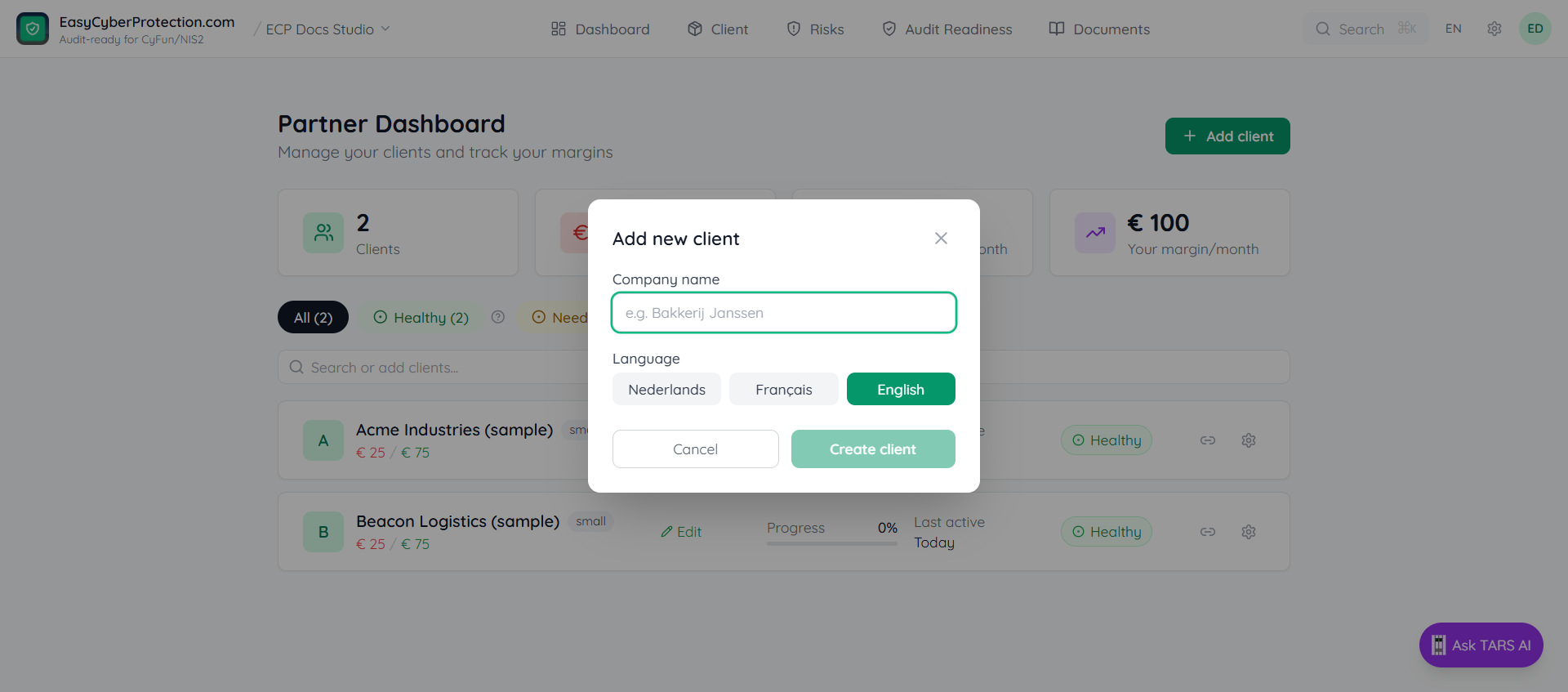 Add client modal with company name field and language selector showing NL, FR, EN options