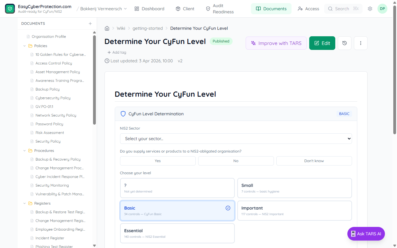 CyFun Level Assessment showing the Basic level selected with a green Niveau actief confirmation badge