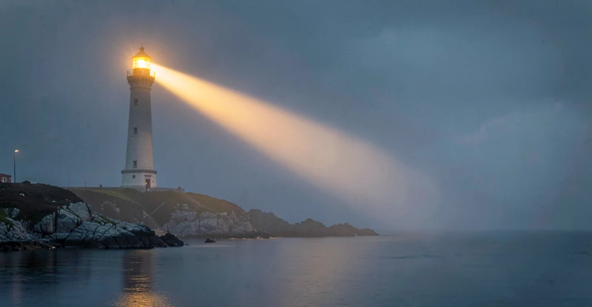 Lighthouse beacon cutting through coastal fog - guidance through uncertainty