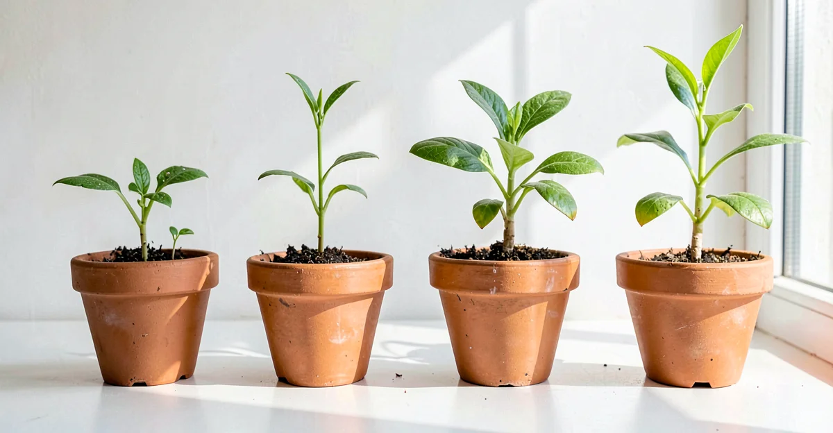 Four seedlings in pots at different growth stages - representing progress over time